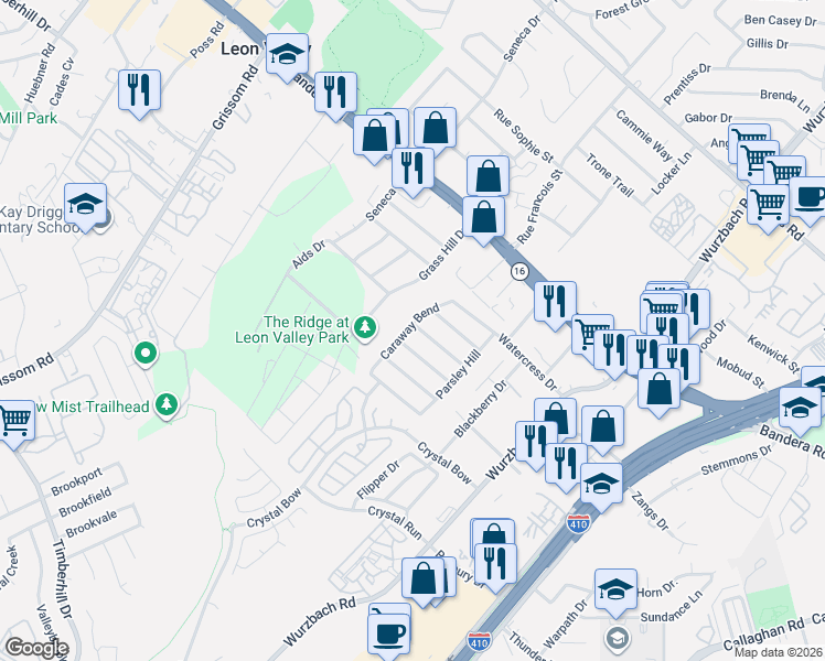 map of restaurants, bars, coffee shops, grocery stores, and more near 5565 Saffron Way in San Antonio