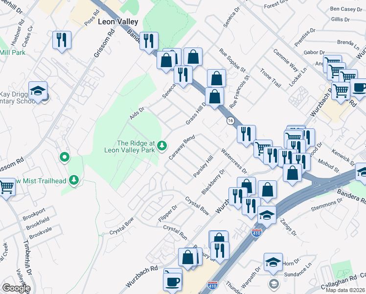 map of restaurants, bars, coffee shops, grocery stores, and more near 5565 Saffron Way in San Antonio
