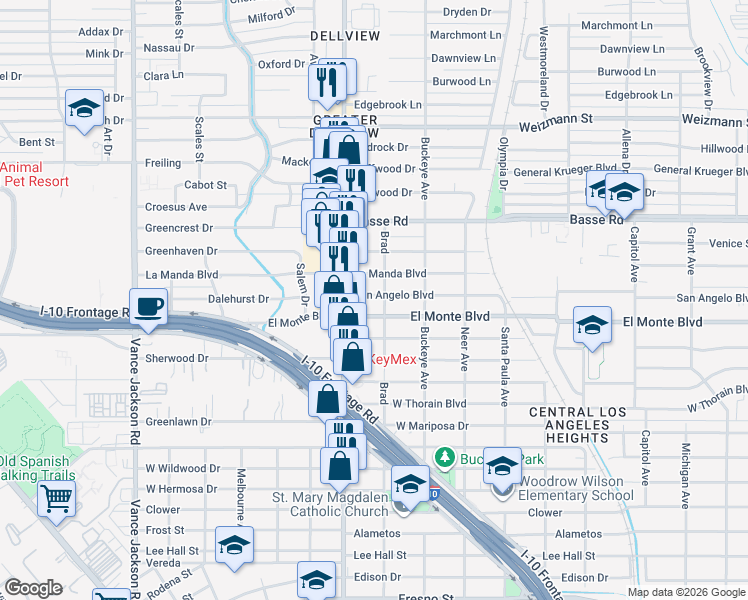 map of restaurants, bars, coffee shops, grocery stores, and more near 2815 Brad in San Antonio