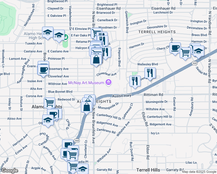 map of restaurants, bars, coffee shops, grocery stores, and more near 899 Austin Highway in San Antonio