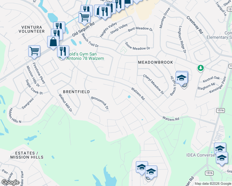 map of restaurants, bars, coffee shops, grocery stores, and more near 6032 Kendall Cove in Converse