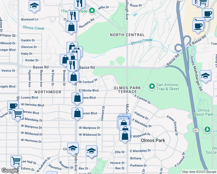 map of restaurants, bars, coffee shops, grocery stores, and more near 5310 Howard Street in San Antonio