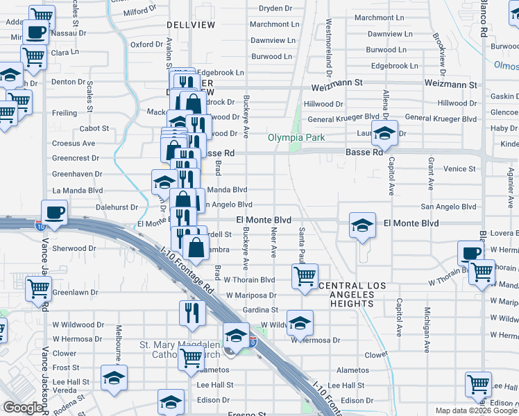 map of restaurants, bars, coffee shops, grocery stores, and more near 1618 San Angelo in San Antonio