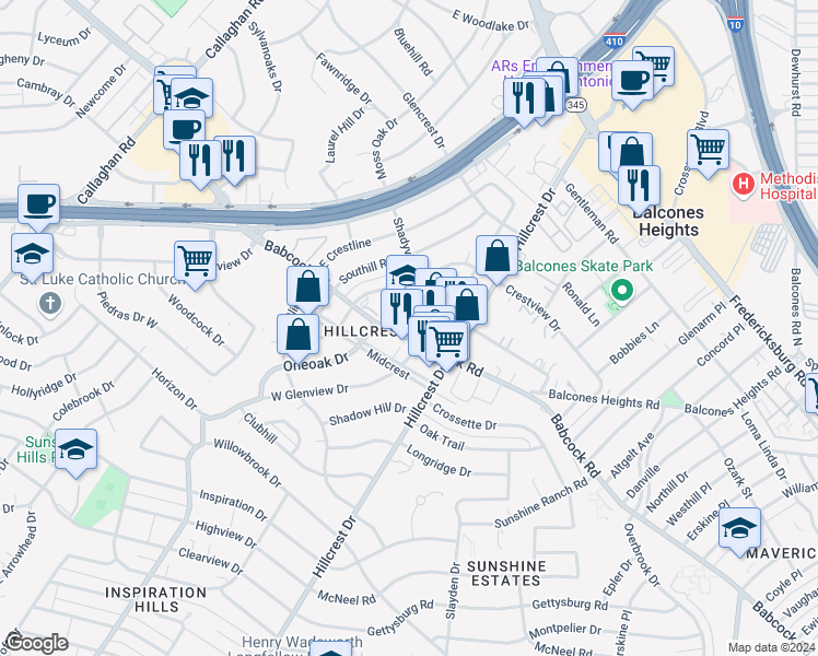map of restaurants, bars, coffee shops, grocery stores, and more near 1243 Babcock Road in San Antonio