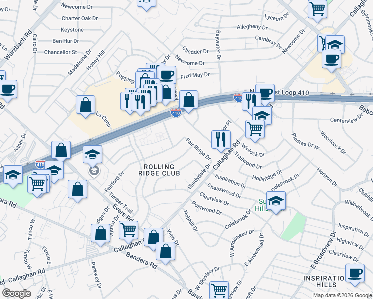 map of restaurants, bars, coffee shops, grocery stores, and more near 4806 Rollingfield Drive in San Antonio