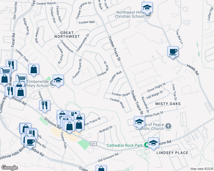 map of restaurants, bars, coffee shops, grocery stores, and more near 5038 Timberhurst in San Antonio
