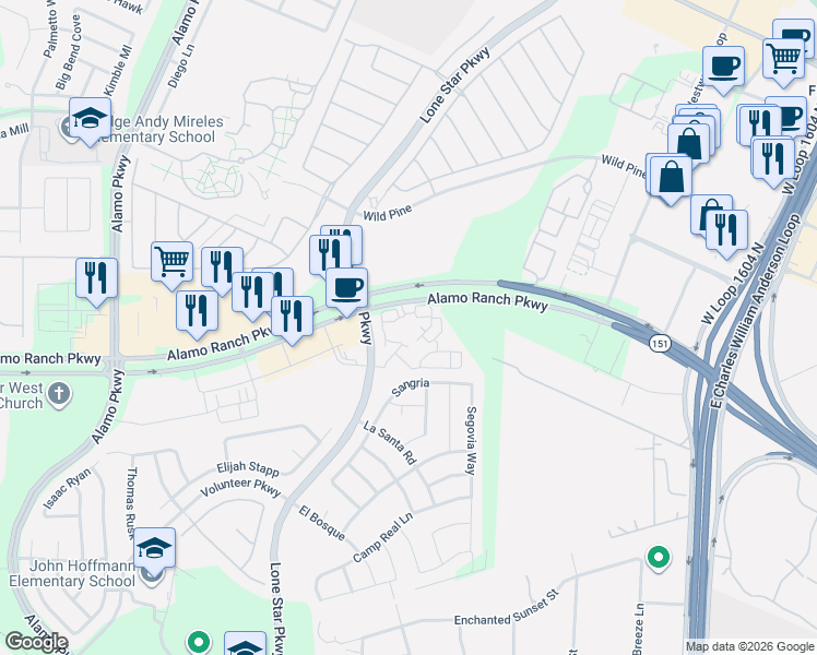 map of restaurants, bars, coffee shops, grocery stores, and more near 11650 Alamo Ranch Parkway in San Antonio
