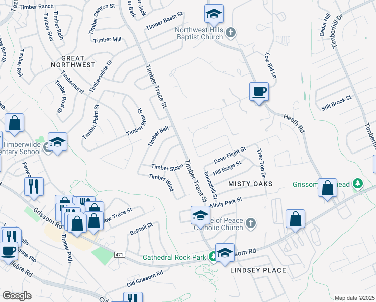 map of restaurants, bars, coffee shops, grocery stores, and more near 4974 Timber Trace Street in San Antonio