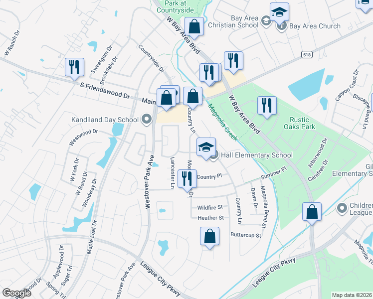 map of restaurants, bars, coffee shops, grocery stores, and more near 217 Morningside Drive in League City