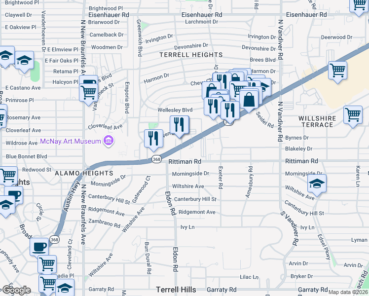 map of restaurants, bars, coffee shops, grocery stores, and more near 1106 Austin Highway in San Antonio