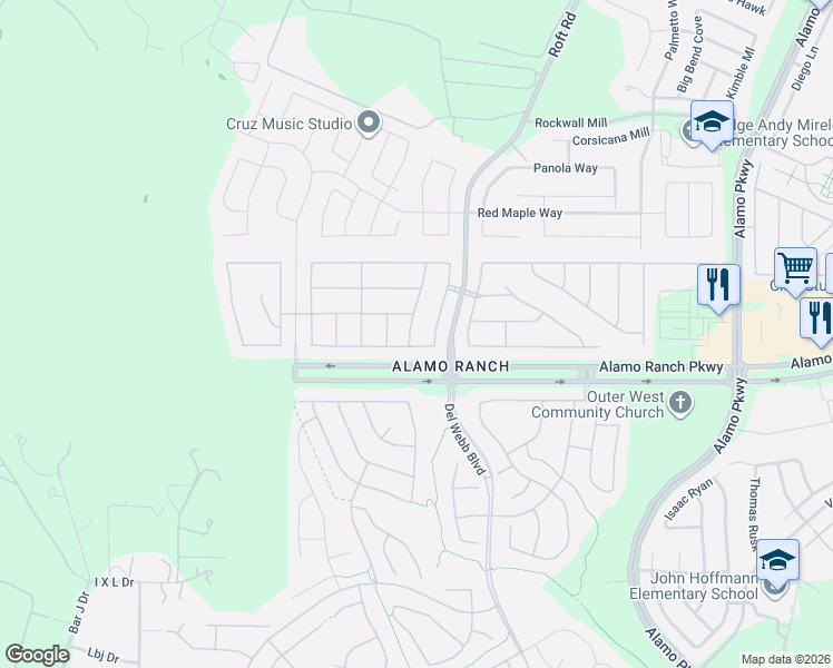 map of restaurants, bars, coffee shops, grocery stores, and more near 5306 Statice Hunt in San Antonio