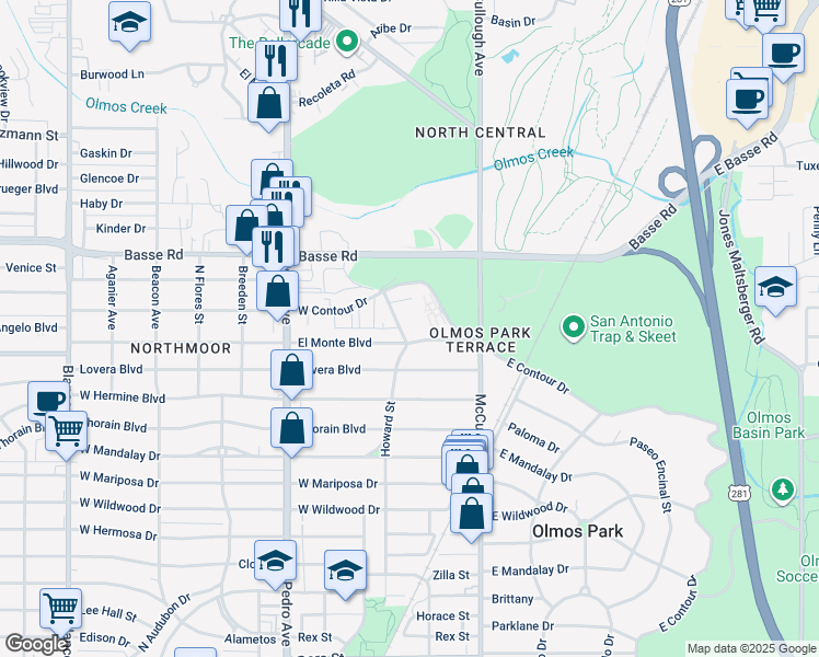 map of restaurants, bars, coffee shops, grocery stores, and more near 5310 Howard Street in San Antonio