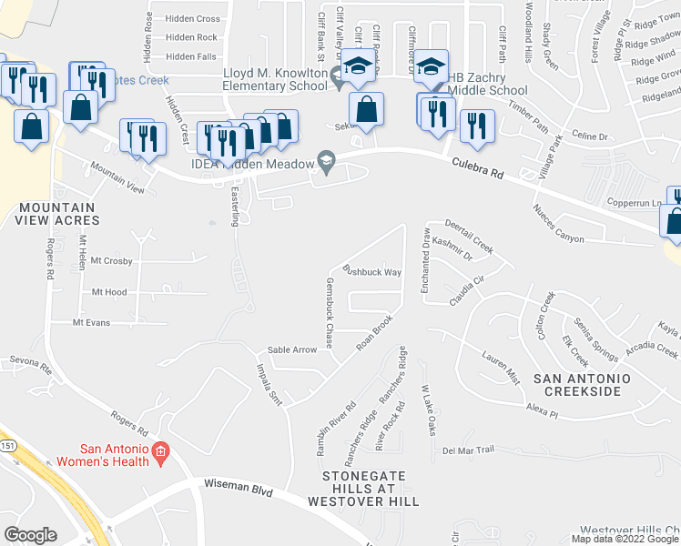map of restaurants, bars, coffee shops, grocery stores, and more near 5210 Gemsbuck Chase in San Antonio