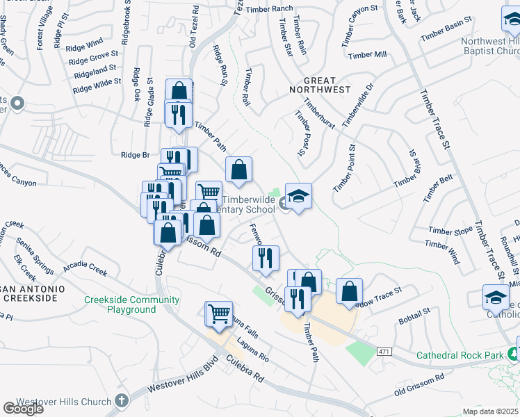 map of restaurants, bars, coffee shops, grocery stores, and more near 8911 Timberwilde Street in San Antonio
