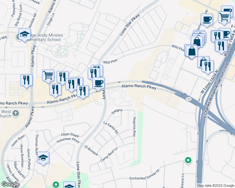 map of restaurants, bars, coffee shops, grocery stores, and more near 11650 Alamo Ranch Parkway in San Antonio