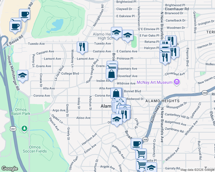map of restaurants, bars, coffee shops, grocery stores, and more near 123 Alta Avenue in San Antonio