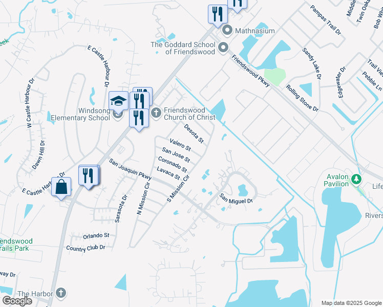 map of restaurants, bars, coffee shops, grocery stores, and more near 1903 San Jose Street in Friendswood