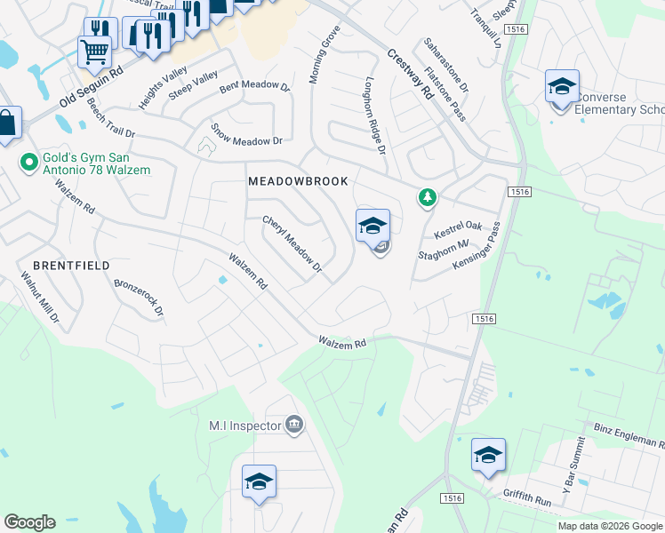 map of restaurants, bars, coffee shops, grocery stores, and more near 6314 Beech Trail Drive in Converse