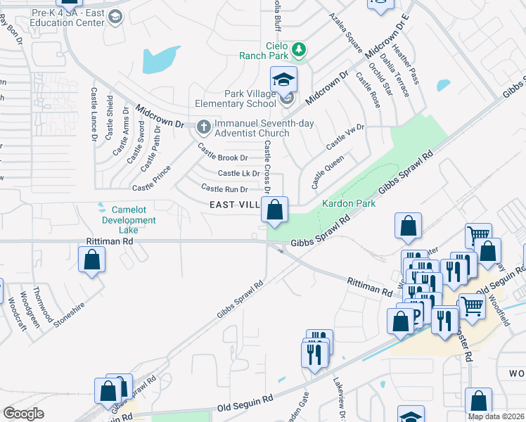 map of restaurants, bars, coffee shops, grocery stores, and more near 5914 Castle Hunt in San Antonio