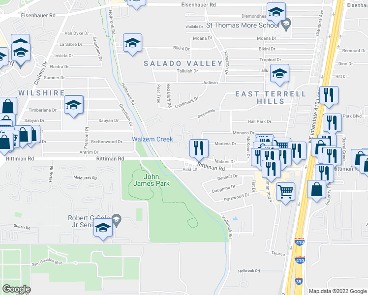 map of restaurants, bars, coffee shops, grocery stores, and more near 6307 Cambridge Drive in San Antonio