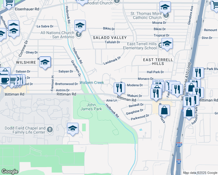 map of restaurants, bars, coffee shops, grocery stores, and more near 6302 Windsor Castle in San Antonio