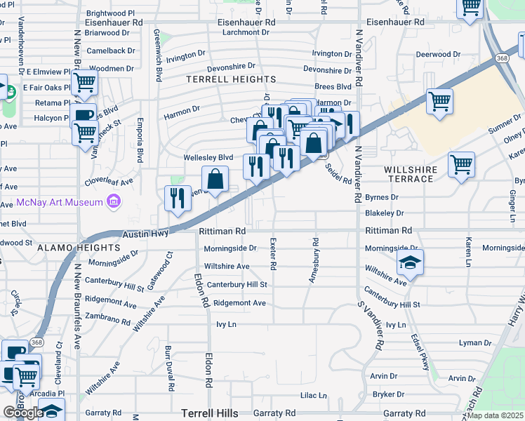 map of restaurants, bars, coffee shops, grocery stores, and more near 511 Exeter Road in San Antonio
