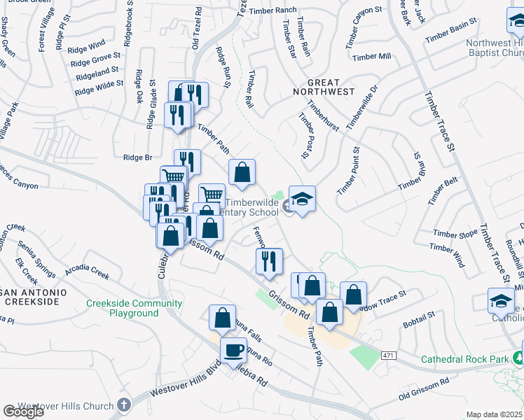 map of restaurants, bars, coffee shops, grocery stores, and more near 8911 Timberwilde Street in San Antonio