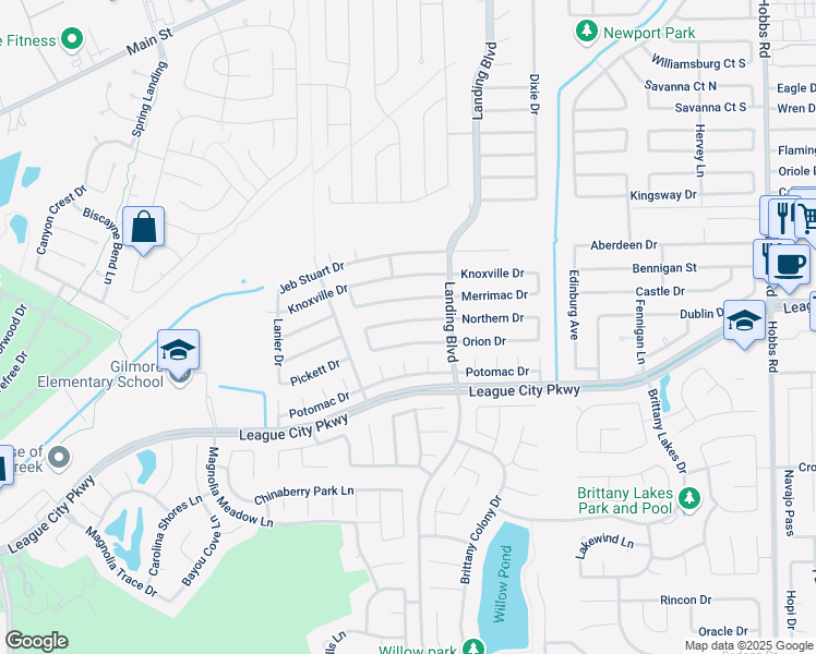map of restaurants, bars, coffee shops, grocery stores, and more near 2615 Northern Drive in League City