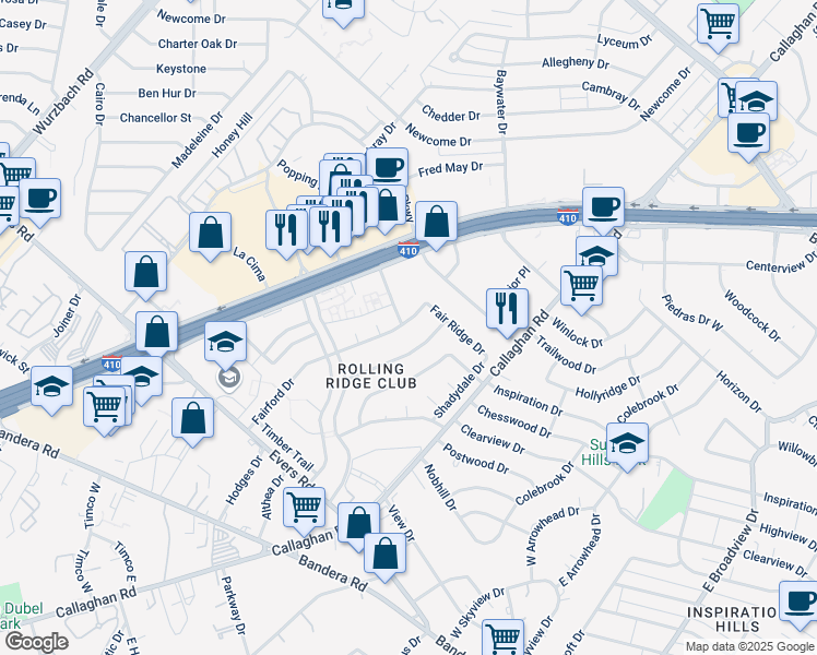 map of restaurants, bars, coffee shops, grocery stores, and more near 4818 Fairford Drive in San Antonio