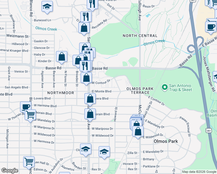 map of restaurants, bars, coffee shops, grocery stores, and more near 1515 West Contour Drive in San Antonio