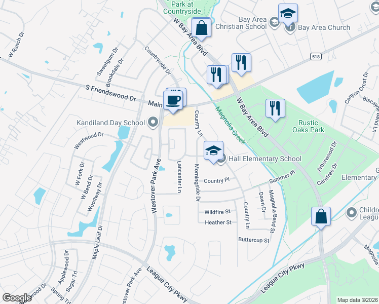 map of restaurants, bars, coffee shops, grocery stores, and more near 217 Morningside Drive in League City