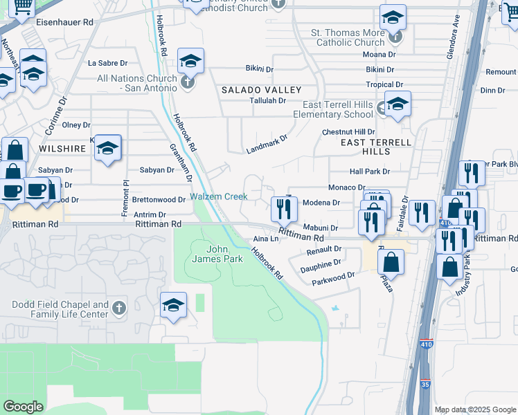 map of restaurants, bars, coffee shops, grocery stores, and more near 6302 Windsor Castle in San Antonio