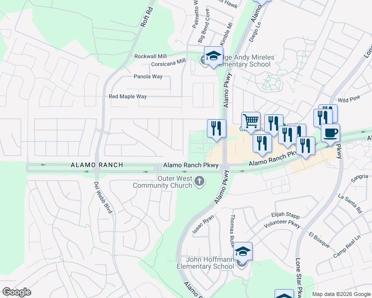 map of restaurants, bars, coffee shops, grocery stores, and more near 5215 Anemone in San Antonio