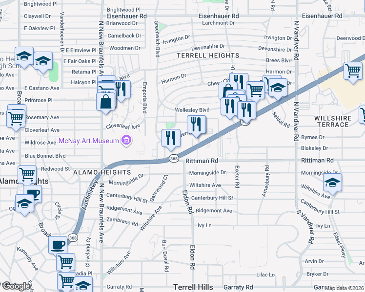 map of restaurants, bars, coffee shops, grocery stores, and more near 1027 Austin Highway in San Antonio