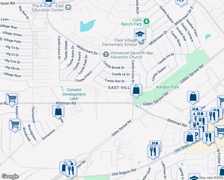 map of restaurants, bars, coffee shops, grocery stores, and more near 5866 Castle Hunt in San Antonio