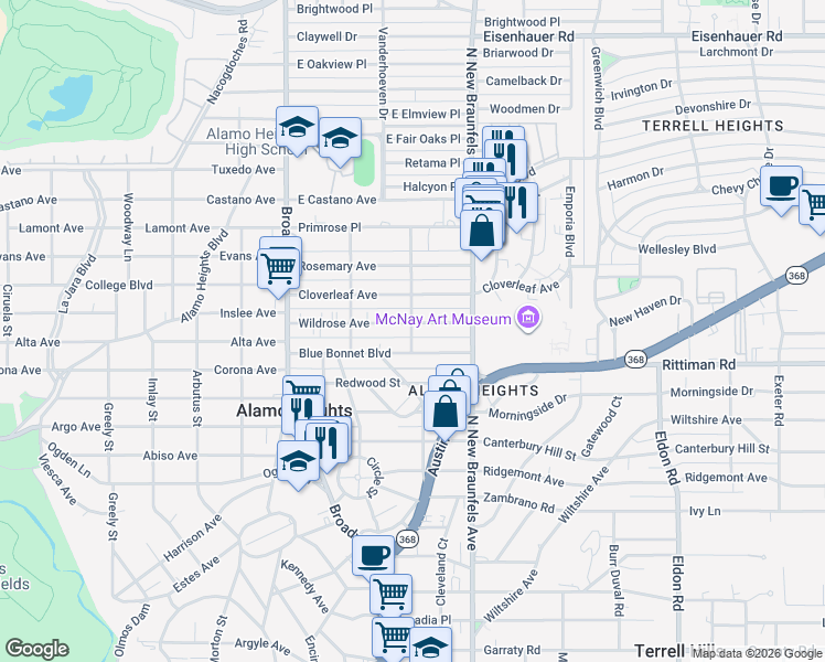 map of restaurants, bars, coffee shops, grocery stores, and more near 301 Blue Bonnet Boulevard in San Antonio