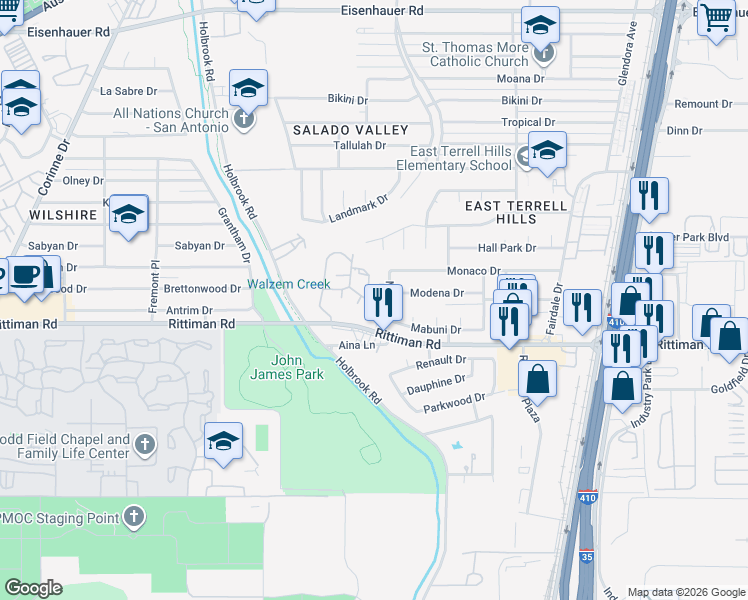 map of restaurants, bars, coffee shops, grocery stores, and more near 6307 Cambridge Drive in San Antonio