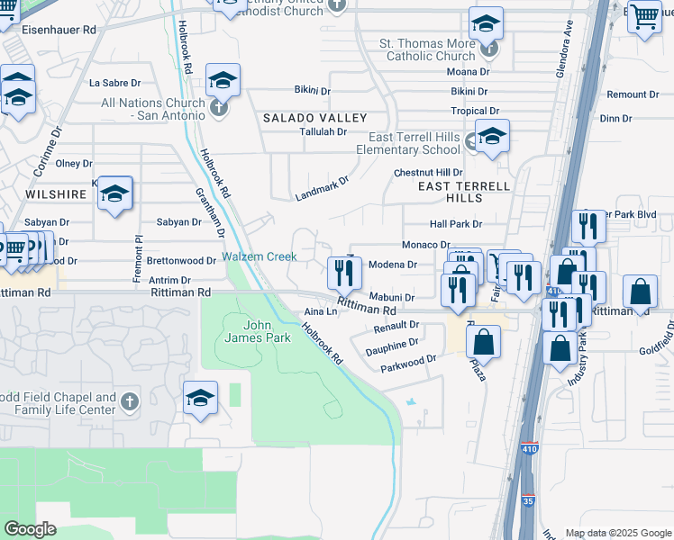 map of restaurants, bars, coffee shops, grocery stores, and more near 6314 Cambridge Drive in San Antonio