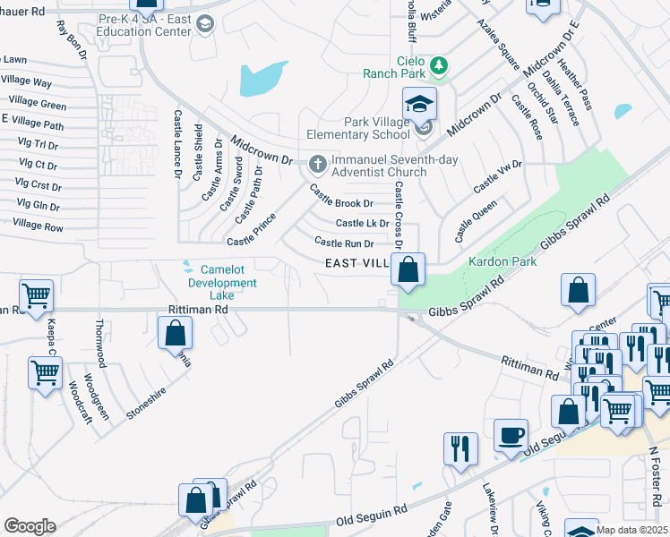 map of restaurants, bars, coffee shops, grocery stores, and more near 5866 Castle Hunt in San Antonio