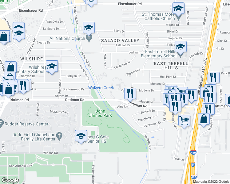 map of restaurants, bars, coffee shops, grocery stores, and more near 6302 Windsor Castle in San Antonio