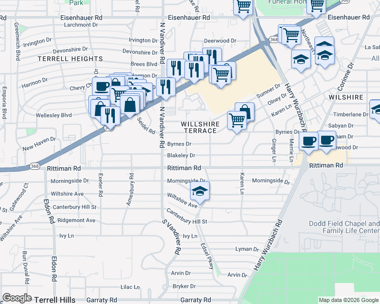 map of restaurants, bars, coffee shops, grocery stores, and more near 334 Blakeley Drive in San Antonio