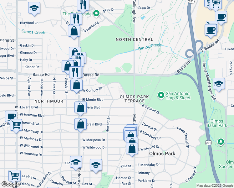 map of restaurants, bars, coffee shops, grocery stores, and more near 5310 Howard Street in San Antonio