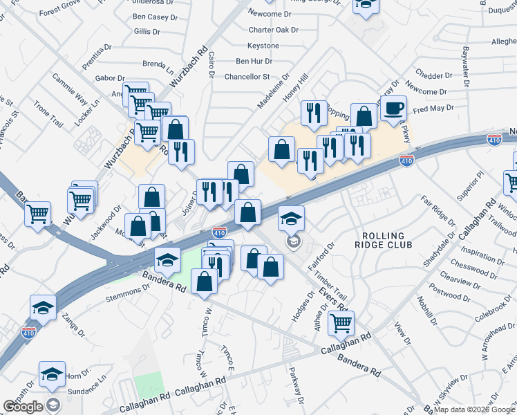 map of restaurants, bars, coffee shops, grocery stores, and more near 1709 Northwest Loop 410 in San Antonio