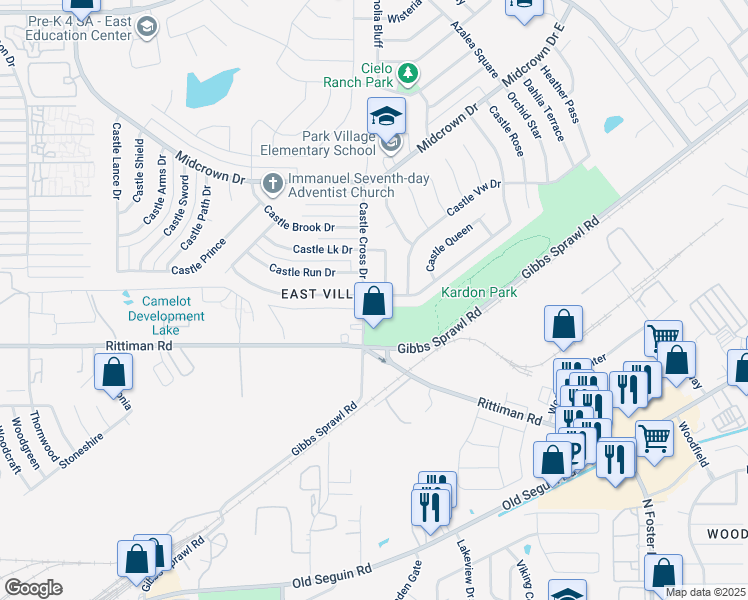 map of restaurants, bars, coffee shops, grocery stores, and more near 5914 Castle Hunt in San Antonio