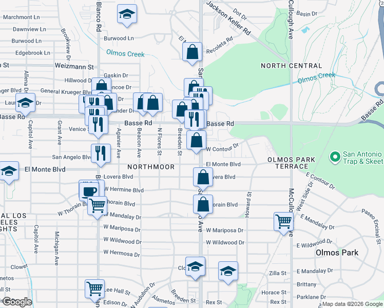 map of restaurants, bars, coffee shops, grocery stores, and more near 331 El Monte Boulevard in San Antonio