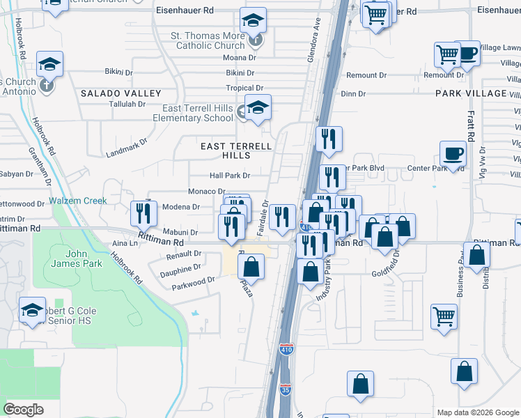 map of restaurants, bars, coffee shops, grocery stores, and more near 4426 Myrna Drive in San Antonio