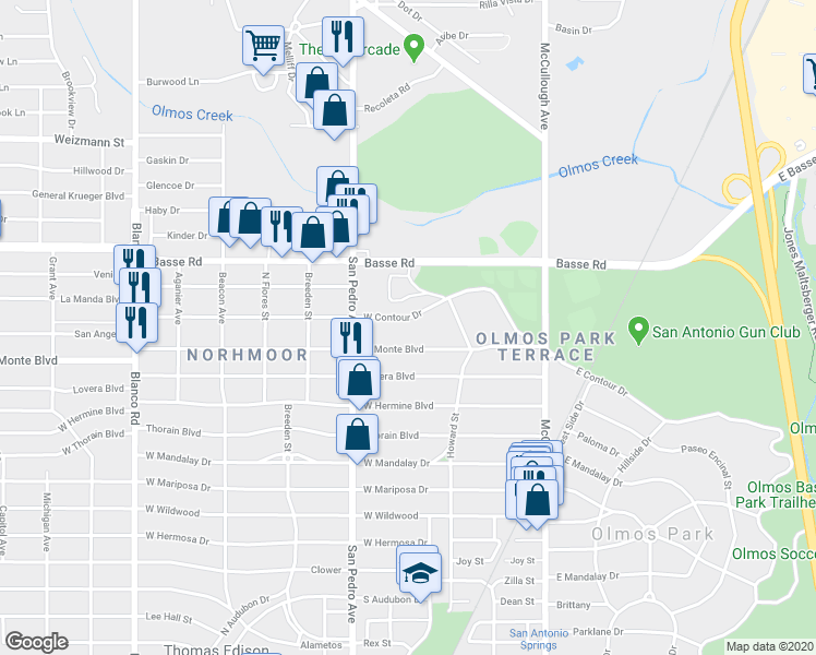 map of restaurants, bars, coffee shops, grocery stores, and more near 265 El Monte Boulevard in San Antonio