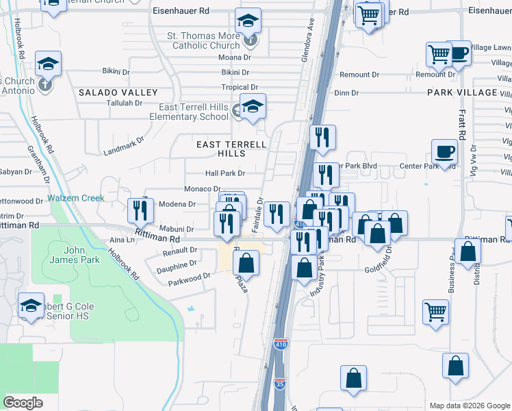 map of restaurants, bars, coffee shops, grocery stores, and more near 4426 Myrna Drive in San Antonio