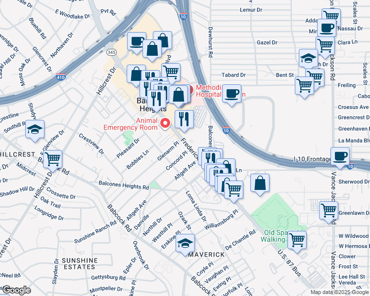 map of restaurants, bars, coffee shops, grocery stores, and more near 107 Concord Place in Balcones Heights