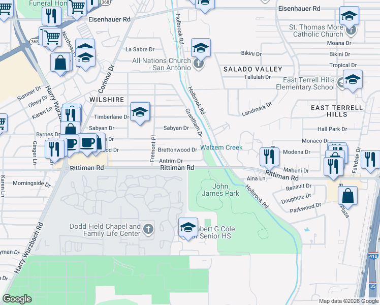 map of restaurants, bars, coffee shops, grocery stores, and more near 259 Antrim Drive in San Antonio